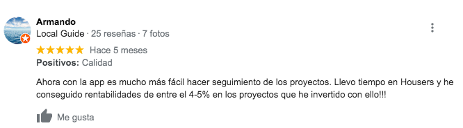 Opinione degli investitori Housers. Ora con l'app è molto più semplice tenere traccia dei progetti. Sono in Housers da molto tempo e ho ottenuto rendimenti compresi tra il 4-5% nei progetti in cui ho investito!!!